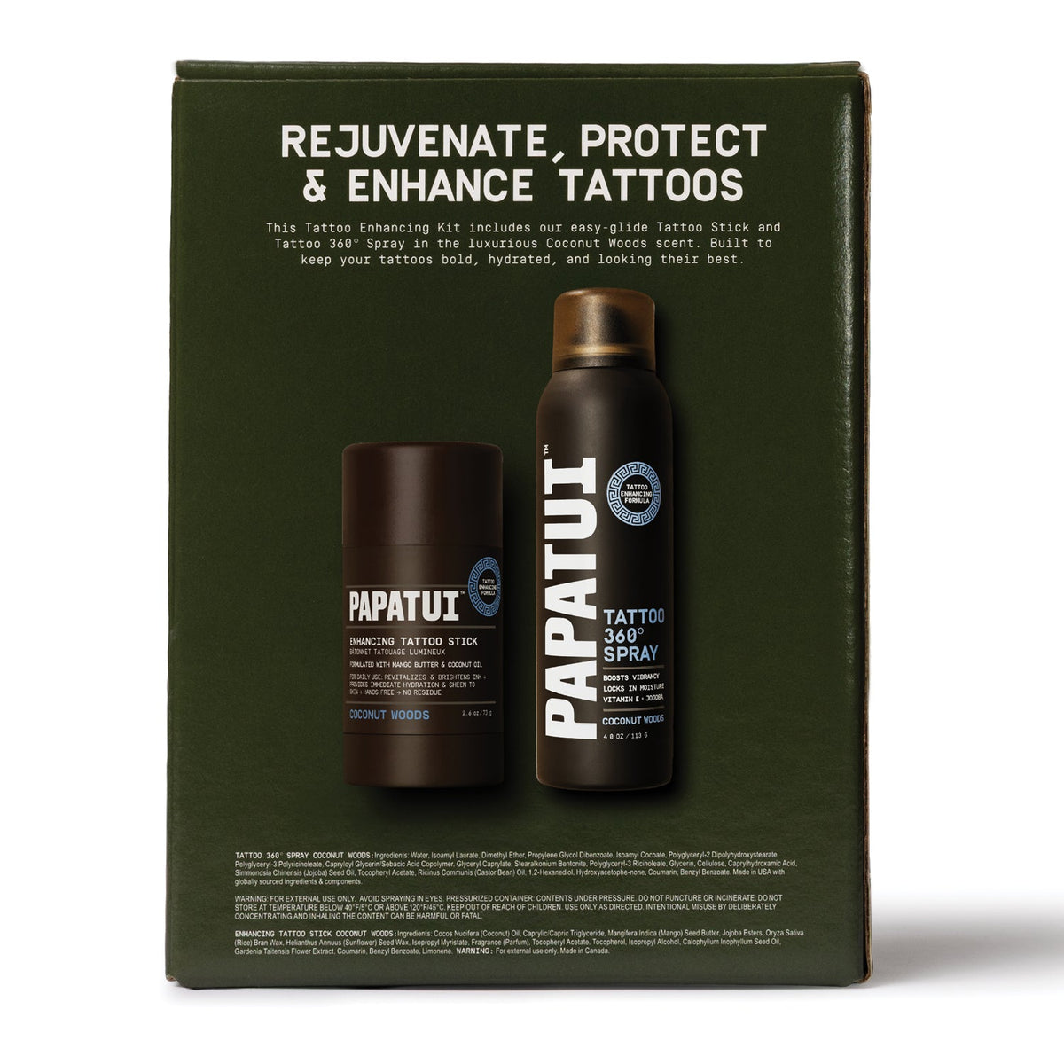 PAPATUI Men’s Gift Set, Enhancing Tattoo Pack, Coconut Woods Tattoo Spray + Tattoo Stick, 2 Piece Set