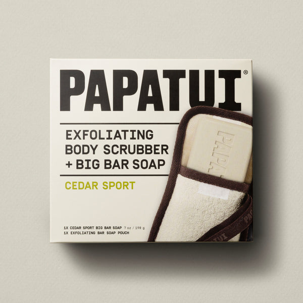 This image shows Papatui's exfoliating body scrubber and big bar soap in cedar sport front of pack.