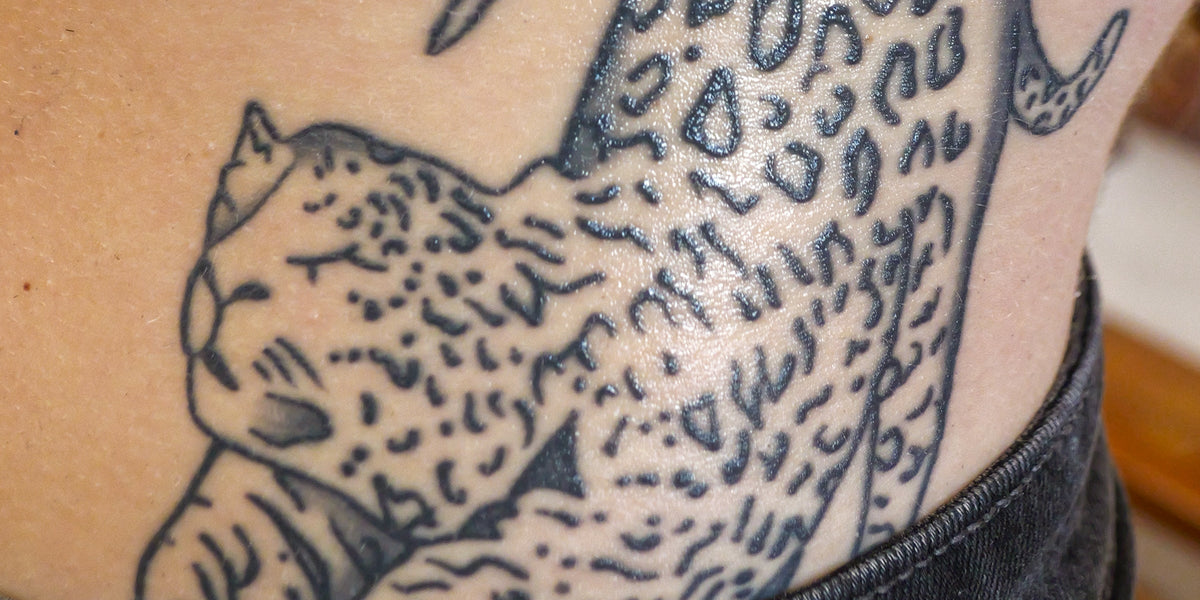 Close-up of a tattoo of a panther on a person's torso