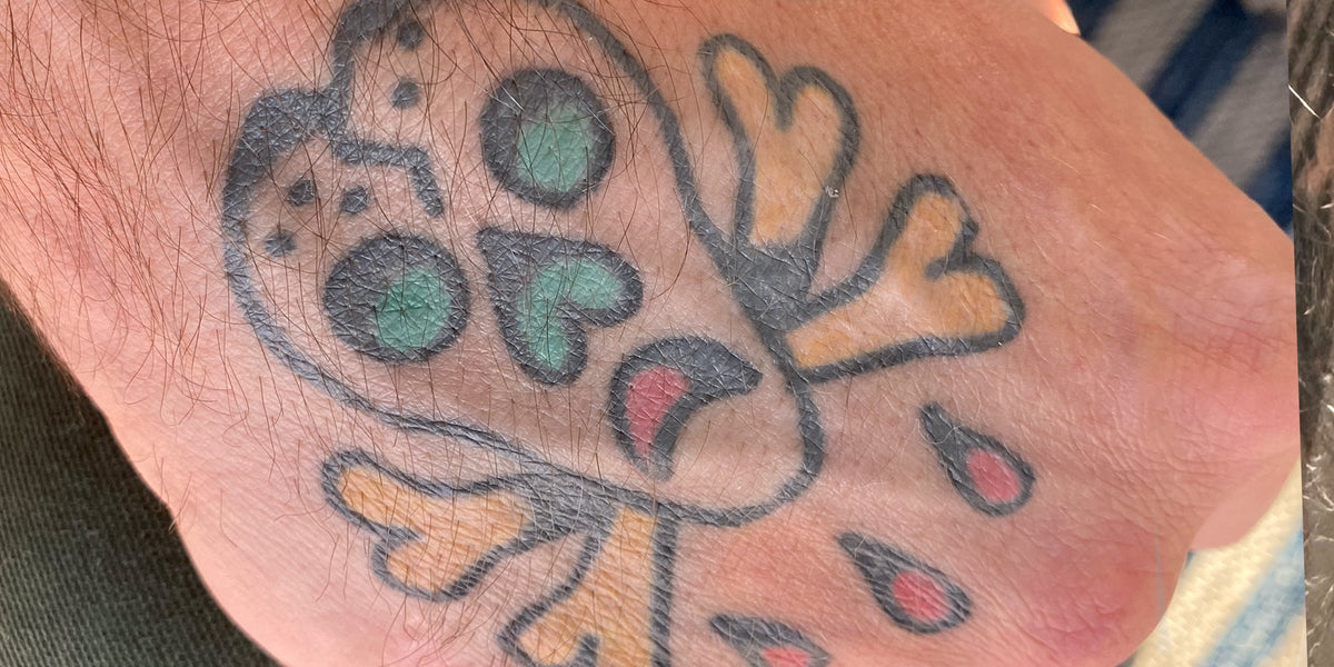 Skull tattoo on a person's hand.