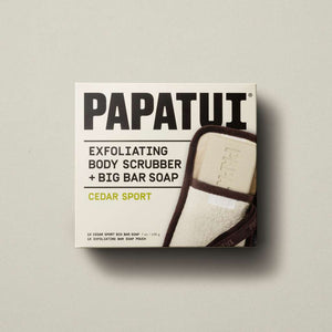 This image shows the front of pack papatui exfoliating body scrubber and cedar sport bar soap.
